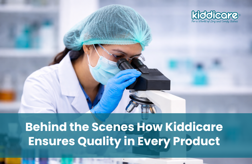 Quality control scientist at Kiddicare laboratory inspecting baby care products under a microscope, demonstrating rigorous testing and quality assurance standards.