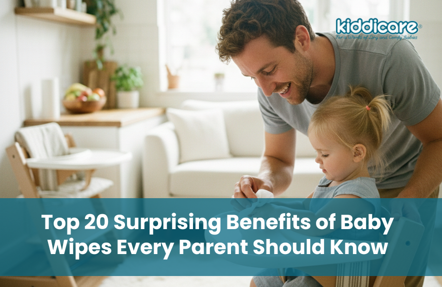 Father smiling while using baby wipes with his toddler in a bright living room, illustrating the benefits of baby wipes for everyday parenting.